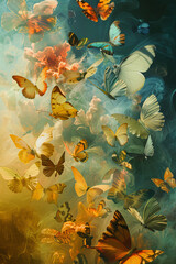 Sticker - A painting of many butterflies in the sky. The butterflies are of different colors and sizes, and they are flying in different directions. The painting has a sense of freedom and movement