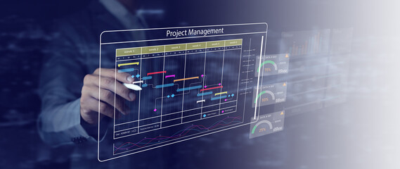 Wall Mural - business project management system Milestone progress planning with a Gantt chart scheduling interface on a virtual screen.