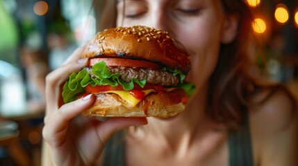 Close-up shot of the woman taking a big indulgent bite out of the burger, with her eyes closed in satisfaction and enjoyment, generative AI