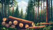 Forest Pine and Spruce Trees, Log Trunks Piled, Natural Woodland Landscape Scene, Forestry Industry Concept, Generative AI

