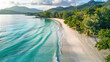 Drone View From Above Paradise Beach on Praslin Island, Seychelles.