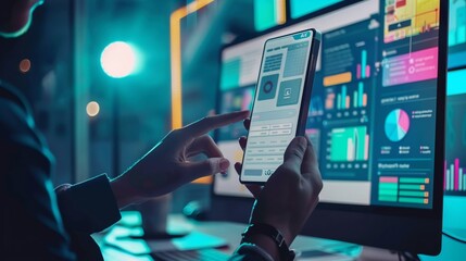 Business application interface on mobile phone screen with stock market chart on computer screen at night.