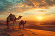 In the vast desert a camel family finds solace under the rare shade of an oasis the stark light and shadow capturing their moment of rest and protection a serene picture of survival