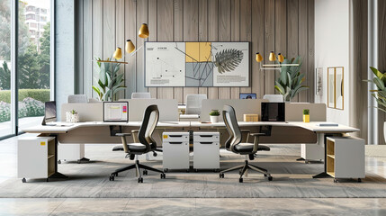 Sticker - Modern office workspace. Room is designed with contemporary furniture and stylish decorate creating clean and comfortable environment for work. 