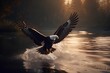 Bald Eagle in flight over a lake with a sunset and reflection