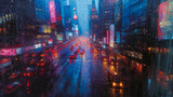 Fototapeta Nowy Jork - Raindrops race down a car window, distorting the cityscape into a colorful, abstract painting, merging the melancholy of rain with the vibrant hues of urban life