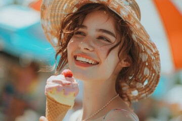 Wall Mural - woman eating cream