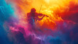 Violinist Plays Violin in Cloud of Colorful Dust, Musical Performance with Vibrant Powder, Artistic Musician in Action, Creative Music Concept, Generative Ai

