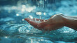 Tranquil Reflection: Woman's Hands on Blurred Wavy Clean Water Surface, Serenity in Nature, Relaxation Scene by the Lake, Generative AI

