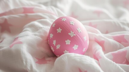 Pink easter egg with a cross on a white fabric background.