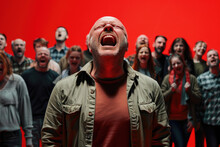 A Bald Man Is In The Center Of An Angry Crowd. He Has His Hands On His Chest And Mouth Open With Anger. All Faces Around Him Have Their Eyes Closed And Look Like They Will Attack At Any Moment