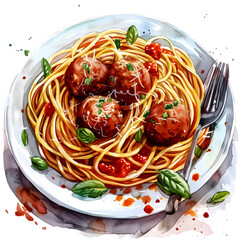 Wall Mural - spaghetti and meatball:8, watercolor, simple, not complicated,