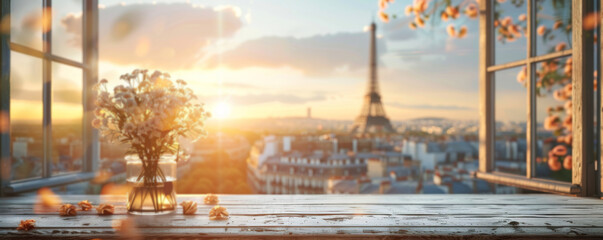Wall Mural - Beautiful scenery: empty white wooden table with Eiffel Tower view, blurred bokeh out of an open window, product display, defocus bokeh, blurred background with sunlight. product display template