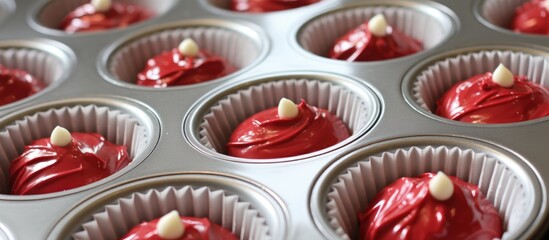 Poster - A batch of red velvet cupcakes baked in a muffin pan, a delightful dessert made with a sweet and moist cake base topped with cream cheese frosting