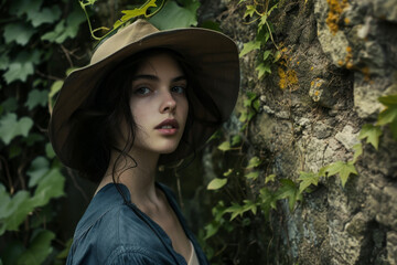 Wall Mural - A mysterious woman with a wide-brimmed hat, standing near an old, ivy-covered stone wall. Her eyes hold secrets