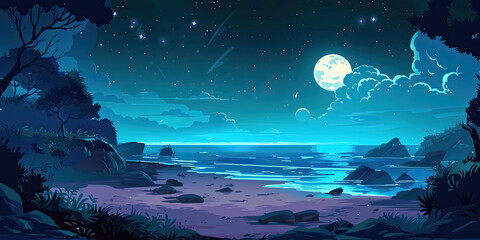 Sticker - Night anime ocean, retro video game style graphics sea view background, generated ai