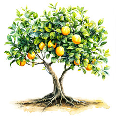Illustration, watercolor, soft colors, white background, A large and juicy lemon high detail, white background, a tree with deep roots and branches high detail, white background