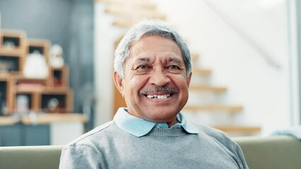 Canvas Print - Happy, laugh and face of senior man on sofa for relaxing, smile and resting in home. Retirement, morning and portrait of elderly person on couch with confidence, pride and happiness in living room