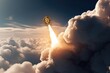 Bitcoin representing a rocket flying through the sky with clouds below