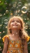 © Mariana - Child admiring bubbles in sunlight, nature background. Application Area: Children’s toys and games, outdoor activities, summer catalogues. AI Generated.