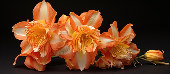 Wall Mural - A bunch of orange flowers, known as Peach, with vibrant petals, on a black background. These terrestrial plants are a popular houseplant and an ingredient in various events