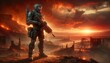The image depict a futuristic soldier standing guard in a dystopian landscape, with a fiery sky in the background, depicting vigilance and dete.