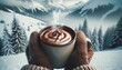 A close-up shot of a hot cup of cocoa with steam rising, held by gloved hands against a snowy mountain backdrop.