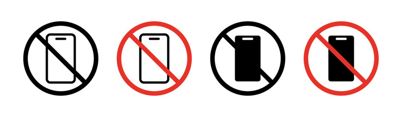 No Cell Phone Sign Icon Set. Mobile use ban vector symbol in a black filled and outlined style. Silent Mode Sign.