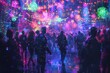a neon party, with people dancing and drinking