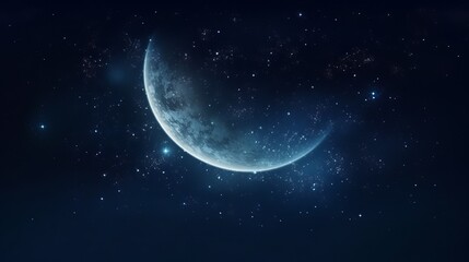 mesmerizing night: a crescent moon in a dark blue sky filled with stars, showcasing the beauty of th