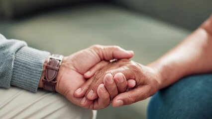 Poster - Care, holding hands and senior couple in living room together with love, comfort and connection in home. Marriage, old man and woman at coffee table with support, kindness and respect in retirement