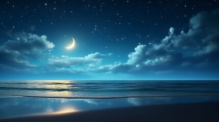 Wall Mural - Ramadan Kareem backdrop showcasing a crescent, stars, and luminous clouds over a tranquil sea.