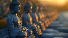 Group Of Statues Of Buddhas In A Row. Suitable For Spiritual And Religious Concepts, Ai Generated