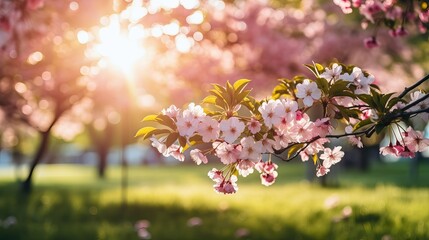 Wall Mural - Abundantly blooming cherry tree garden on a lush lawn, with sunlight filtering through the branches.