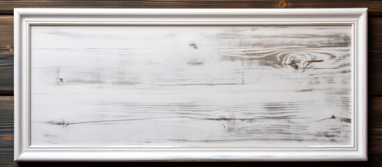 Wall Mural - A rectangular white picture frame hangs fluidly on a hardwood wall, creating a striking contrast between the liquid white frame and the wooden background