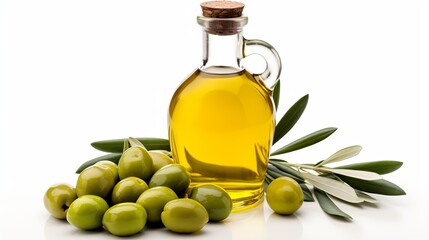 Wall Mural - Bottle of extra virgin olive oil accompanied by green olives and leaves, isolated on a white background.