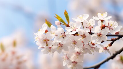 Wall Mural - Cherry blossoms in full bloom, featuring clusters of flowers on a branch with a gradual fade into white. The central flower cluster is in focus, with a shallow depth of field.