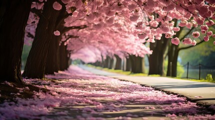 Wall Mural - Cherry blossoms in bloom lining a roadway.