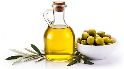 Wall Mural - Delicious olive oil contained within a glass bottle, paired with green olives and leaves, presented in isolation against a white background.