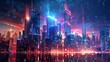 © pinkrabbit - cityscape with space and neon light effect. Modern hi-tech, science, futuristic technology concept. Abstract digital high tech city design for banner background