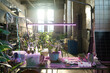 No people shot of post-apocalyptic laboratory interior with green plants, neon lamp and equipment for tests, copy space