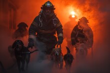 A Group Of Firefighters And Their Dogs Are Walking Through A Fire
