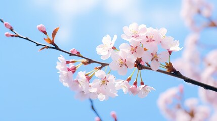 Wall Mural - Stunning cherry blossom sakura trees in spring against a backdrop of blue sky.