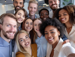 Wall Mural - Multicultural happy people taking group selfie portrait in the office, diverse people celebrating together, Happy lifestyle, start-up and teamwork concept