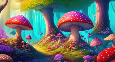 Fantastic wonderland forest landscape with mushrooms and flowers