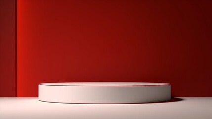 Canvas Print - Simple, Minimal 3D Render Composition with One White Cylinder Podium or Stand on Abstract Shadow Neon Red Background for Product Display Window Light Coming from Right Side