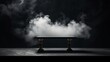 A white podium table with smoke hovering over it in a dark setting, creating a dramatic effect.