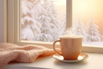 A cup of hot chocolate stands beside a window, evoking soft, romantic landscapes in light orange and light maroon amidst snow scenes.