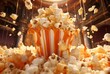 Popcorn and sauce fly in the air, their orange and beige colors reflecting exploitation cinema.