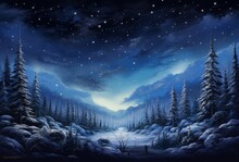 A snowy landscape at night is full of conifers and lights, creating spectacular backdrops in sky-blue.
